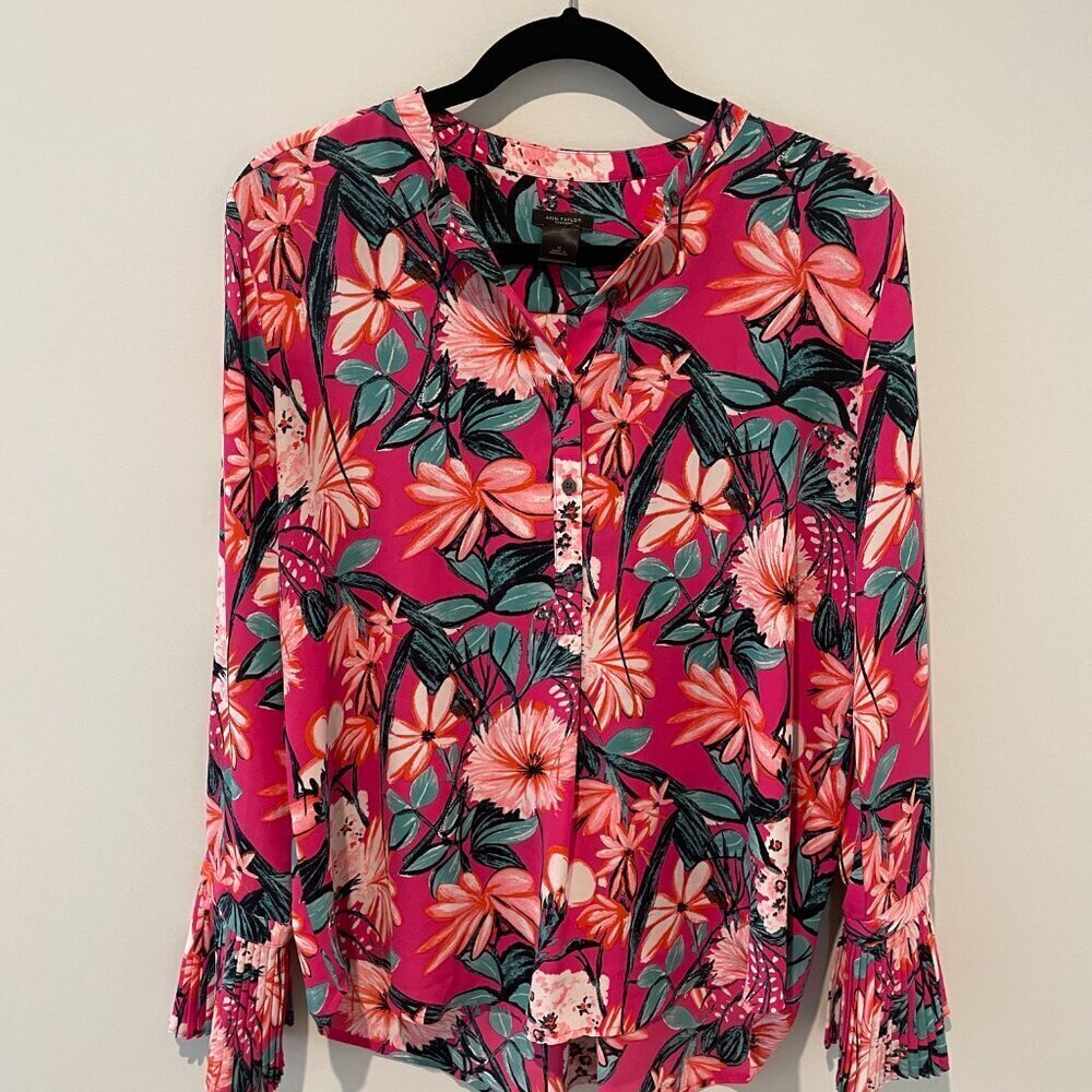 Ann Taylor Bright Colorful Floral Silky Long Sleeve Blouse